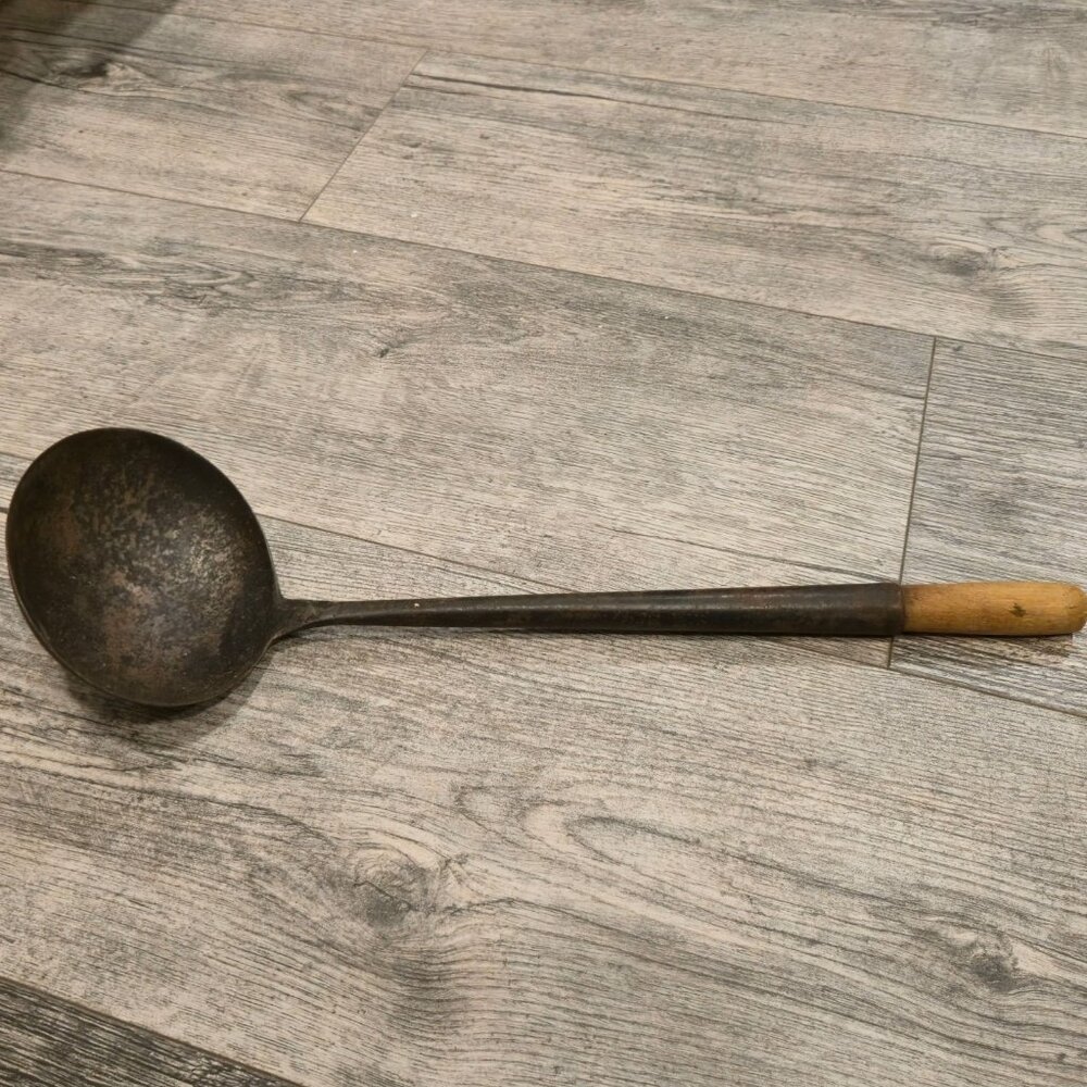 Antique Ladle spoon primitive kitchen tool Metal & Wood Rustic Patina 14in decor